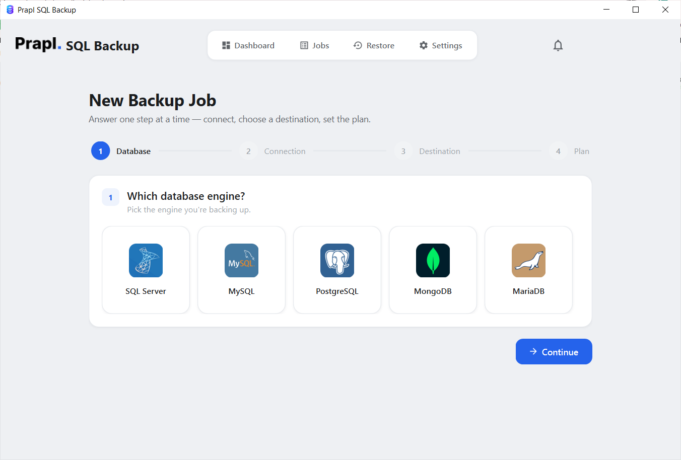choose database engine in sql backup software