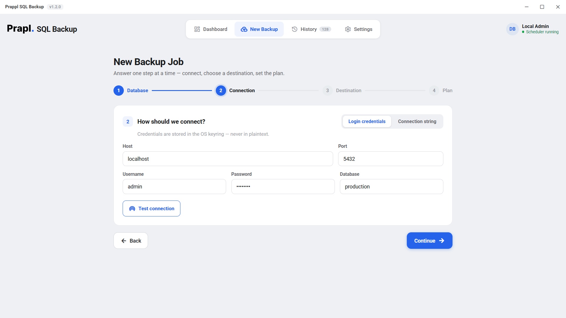 connect sql database for backup