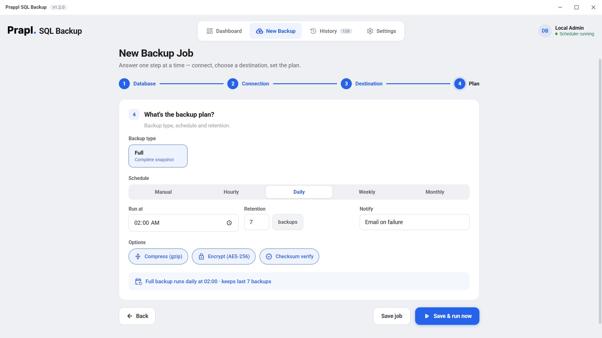 Backup plan screen with schedule options — manual, hourly, daily, weekly or monthly — plus retention count, email alerts, gzip compression, AES-256 encryption and checksum verification