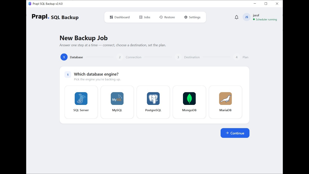 Prapl SQL Backup software starting a new backup job with MySQL, PostgreSQL, SQL Server, MongoDB and MariaDB to choose from