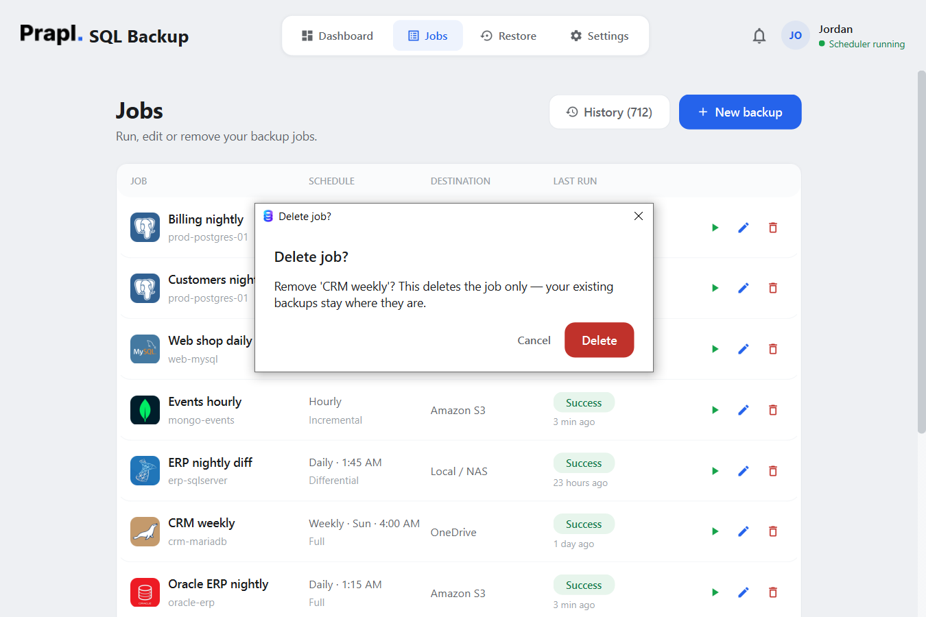 The Delete job confirmation: Remove 'CRM weekly'? This deletes the job only — your existing backups stay where they are