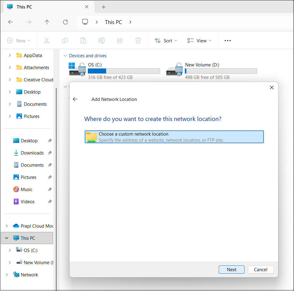 Choose a custom network location