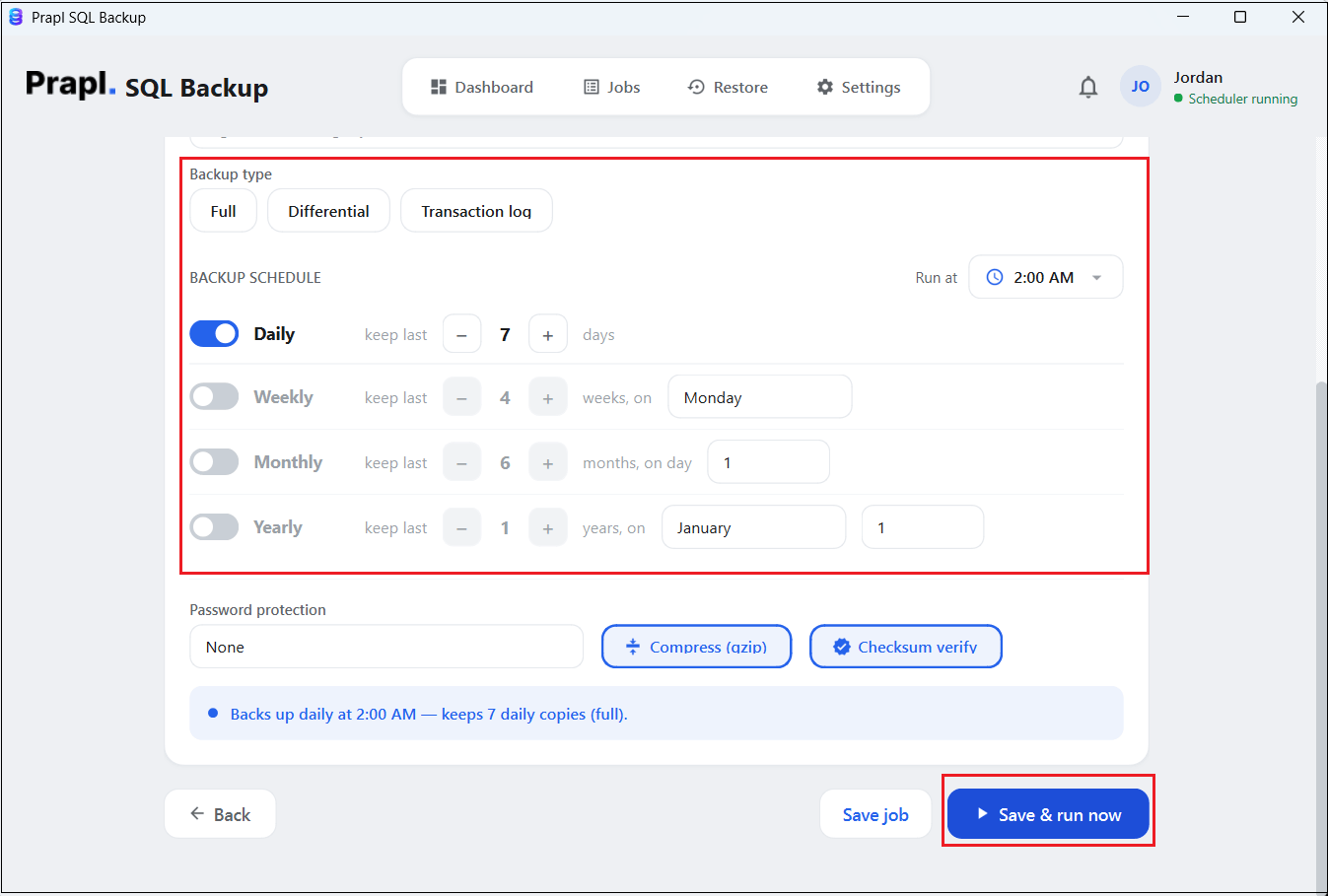Set backup type and schedule