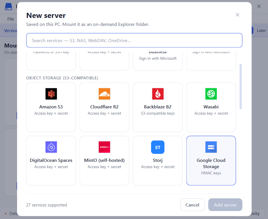 Choose the Google Cloud Storage