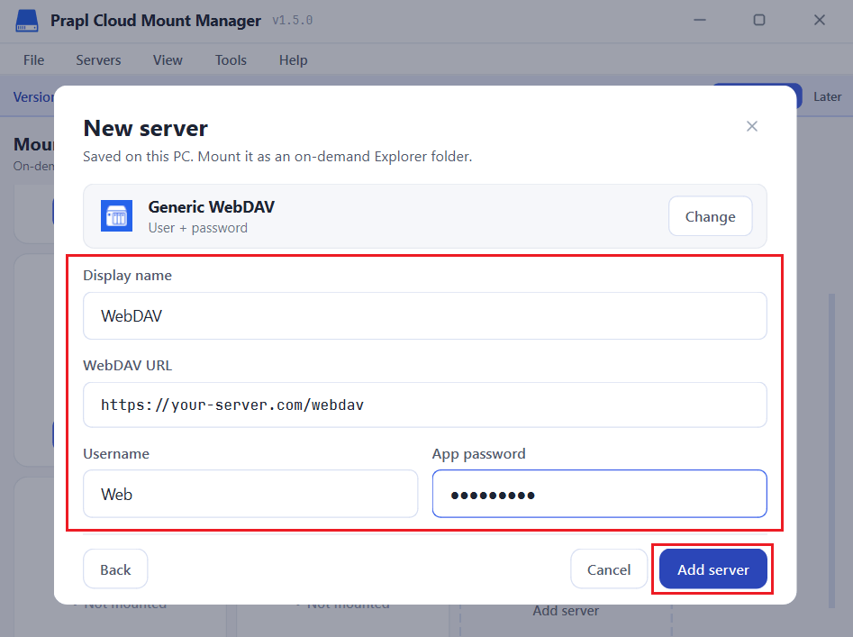Enter the WebDAV URL, username and app password